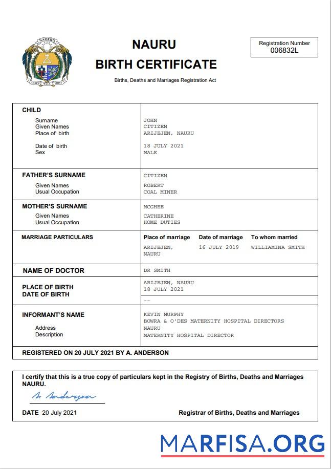Blank Nauru vital record birth certificate Word and PDF template